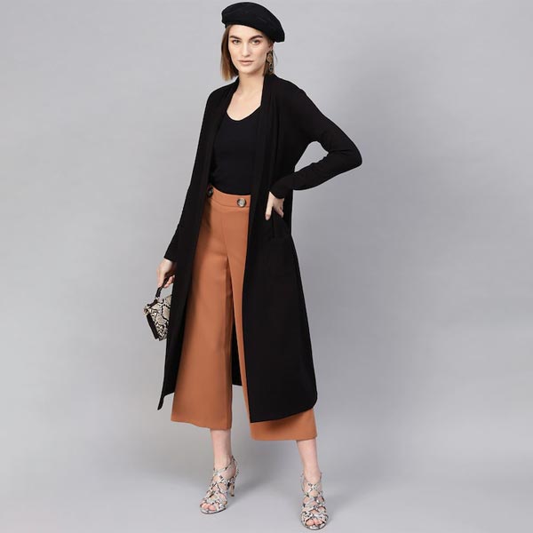 Women's Textured Knit Black Longline Shrug